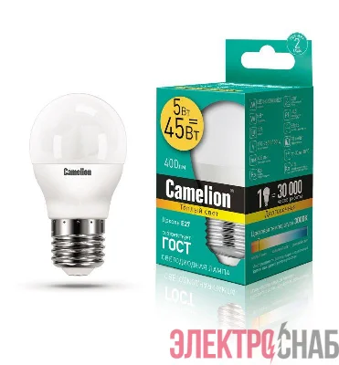 Лампа светодиодная LED5-G45/830/E27 5Вт шар 3000К тепл. бел. E27 390лм 220-240В Camelion 12028
