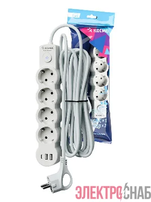 Удлинитель 4х5м с заземл. 10А IP20 USB type-Aх2 + type-C 2500Вт 220В ПВС 3х1 с выкл. бел. КОСМОС YKsm5m4g-Z-VU10А-W