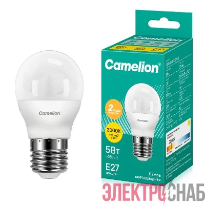 Лампа светодиодная LED5-G45/830/E27 5Вт шар матовая 3000К тепл. бел. E27 410лм 170-265В Camelion 12028