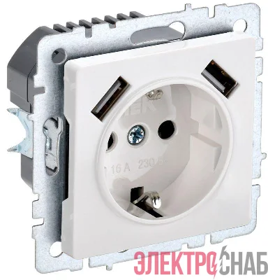 Розетка BRITE РЮш10-1-БрБ 16А с USB A+A 2.1А с заземл. защ. шторки механизм бел. IEK BR-R14-16-U21-D21-K01