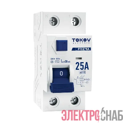 Выключатель дифференциального тока (УЗО) 2п (1P+N) 25А 30мА тип AC 6кА PRIZMA TOKOV Electric TKE-PZ60-RCDM-2-25-30-AC