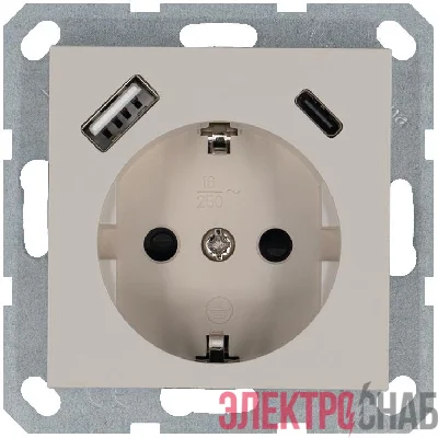 Розетка Shuko 16А с заземл. защ. шторки с 2-мя заряд. устройствами USB тип A+C 25Вт механизм тауп Jasmart G5501USB-25T