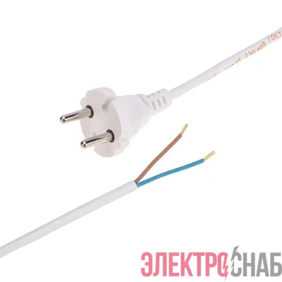 Шнур электрический с прямой вилкой 10А 2200Вт ПВС 2х0.75кв.мм 3м бел. Rexant 11-1302