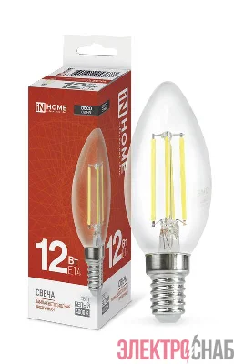Лампа светодиодная LED-СВЕЧА-deco 12Вт 230В E14 4000К 1350лм прозрачная IN HOME 4690612053677