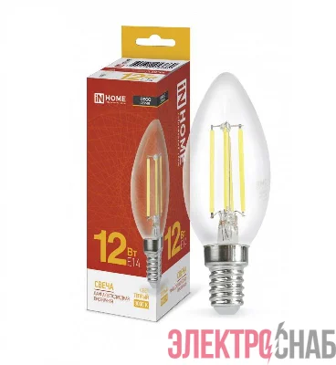 Лампа светодиодная LED-СВЕЧА-deco 12Вт 230В E14 3000К 1350лм прозрачная IN HOME 4690612053660