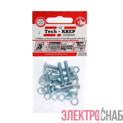 Болт DIN933 с шестигранной головкой М6х25+гайка+шайба оцинк. (уп.8шт) Tech-KREP 112718