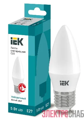 Лампа светодиодная Eco 5Вт C35 свеча 4000К нейтр. бел. E27 450лм 230-240В IEK LLE-C35-5-230-40-E27