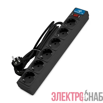 Удлинитель с сетевым фильтром 6х3м с заземл 10А IP20 2.2кВт ПВС 3х1 с выкл. черн. DOMTOK 2522