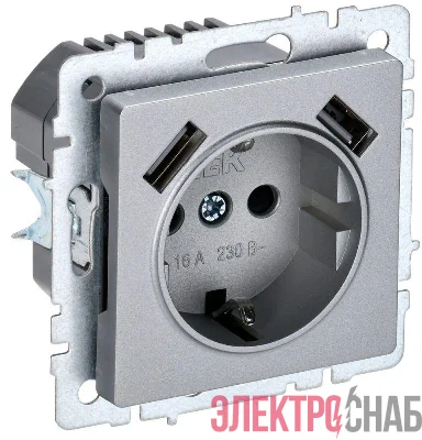 Розетка BRITE РЮш10-2-БрА 16А с USB A+A 3.1А с заземл. защ. шторки механизм алюм. IEK BR-R14-16-U21-D31-K47