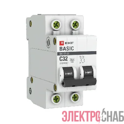 Выключатель автоматический модульный 2п C 32А 4.5кА ВА 47-29 Basic EKF mcb4729-2-32C