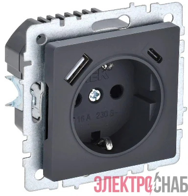 Розетка BRITE РЮш11-1-БрГ 16А с USB A+C 18Вт с заземл. защ. шторки механизм графит IEK BR-R14-16-U22-018-K53