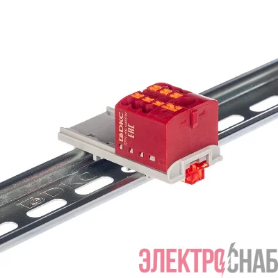 Блок распределительный с вертикал. адаптером на рейки шир. 15/35мм зажим push-in 1 ввод 6кв.мм 6 точек подключения 2.5кв.мм красн. DKC DTP1-106-104SPUR-V