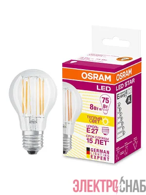 Лампа светодиодная филаментная LED STAR CLASSIC A 75 8W/827 8Вт грушевидная 2700К тепл. бел. E27 1055лм 220-240В прозр. стекл. OSRAM 4058075055339