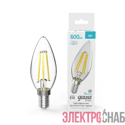 Лампа светодиодная филаментная Basic Filament 5Вт Свеча 4000К E14 600лм GAUSS 50312252