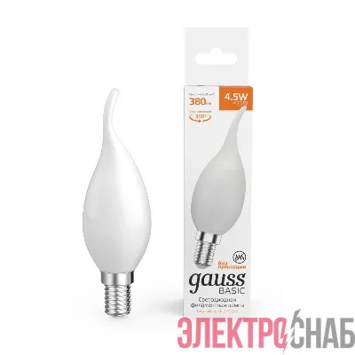Лампа светодиодная филаментная Basic Filament 4.5Вт Свеча на ветру 2700К Е14 380лм milky GAUSS 1045115