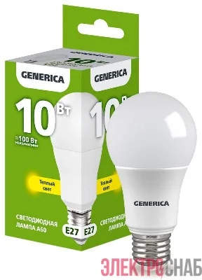 Лампа светодиодная A60 10Вт грушевидная 3000К E27 230В GENERICA LL-A60-10-230-30-E27-G