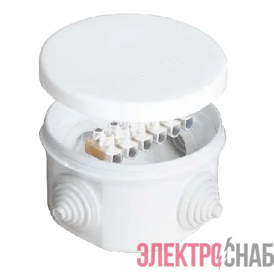Коробка распределительная ОП d75х45мм IP54 с клемм. 4 выхода 4 гермоввода 10А 6 контактов крышка защелкивающаяся бел. Epplast 240343