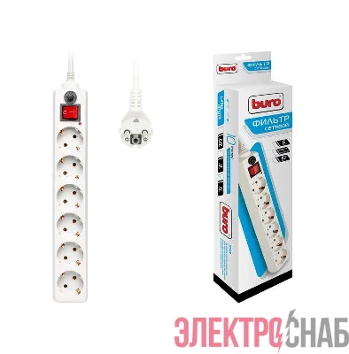 Удлинитель с сетевым фильтром 6х5м с заземл. 10А IP20 600SH-5-W CCA 3х0.75 бел. BURO 992275