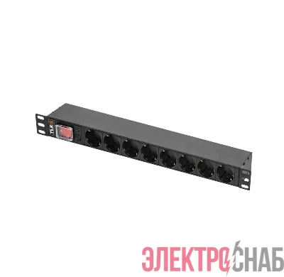 Блок розеток 19дюйм 8 гнезд 10 А без шнура С14 предохранитель 10 А перекидной выключатель метал. корпус 2500Вт 490х44.4х68мм TLK TLK-RSC08-MTF-01-BK