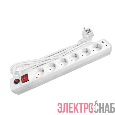 Удлинитель с сетевым фильтром 6х5м с заземл. 10А IP20 2.2кВт USB type-A + type-C ПВС 3х0.75 с выкл. бел. UNIVersal 2545