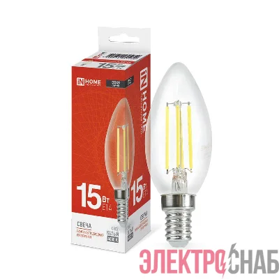 Лампа светодиодная филаментная LED-СВЕЧА-deco свеча прозрачная 15Вт 230В E14 4000К 1455лм IN HOME 4690612055954
