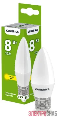 Лампа светодиодная C35 8Вт свеча 3000К E27 230В GENERICA LL-C35-08-230-30-E27-G