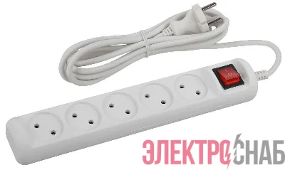 Удлинитель 5х1.5м без заземл. 10А IP20 U-5s-1.5m-2х1 ПВС 2х1 с выкл. Эра Б0044055
