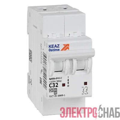 Выключатель автоматический модульный 2п C 32А 4.5кА OptiDin BM63-2C32-4.5-УХЛ3 КЭАЗ 326806