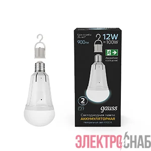 Лампа светодиодная 12Вт A80 4100К нейтр. бел. E27 900лм аварийная Li-Ion аккум. GAUSS 102002212