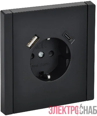 Розетка FORTE&PIANO FP147 16А USB A+C 18Вт с заземл. защ. шторки винт. крепл. черн. IEK FP-R14-16-U22-018-K02