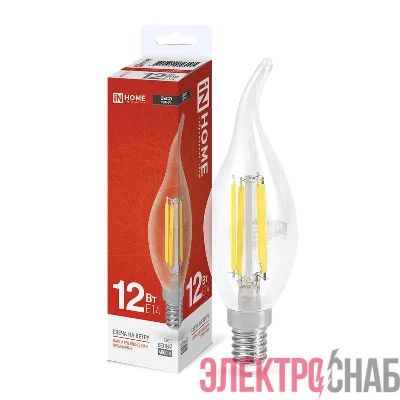 Лампа светодиодная филаментная LED-СВЕЧА НА ВЕТРУ-deco свеча на ветру прозрачная 12Вт 230В E14 4000К 1350лм IN HOME 4690612056005