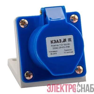 Розетка 113 16А 220В AC 2P+PE 6ч для монтажа на поверхность IP44 КЭАЗ 222746