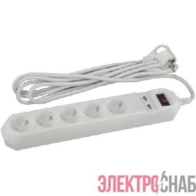 Удлинитель с сетевым фильтром 5х1.5м с заземл. 10А IP20 2хUSB ПВС 3х0.75 с выкл. бел. Эра Б0019037