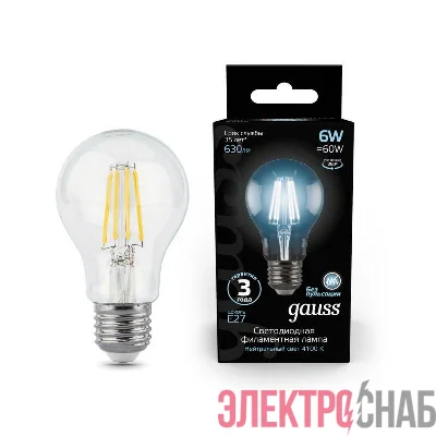 Лампа светодиодная филаментная Black Filament 6Вт A60 грушевидная 4100К нейтр. бел. E27 630лм GAUSS 102802206