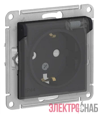Розетка 1-м СП AtlasDesign Aqua 16А IP44 с заземл. защ. шторки с прозр. крышкой механизм карбон SE ATN441046