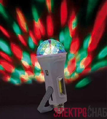 Светильник &"Чудо-лампа&" 4 в 1: диско-лампа Е27; диско-светильник (настольный или подвесной питание от аккумулятора); зарядка для телефона (выход USB); фонарик (аккумулятор заряжается от солнца или от сети 220В Е27) Космос KOCNL-EL158