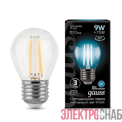 Лампа светодиодная филаментная Black Filament 9Вт P45 шар 4100К нейтр. бел. E27 710лм GAUSS 105802209