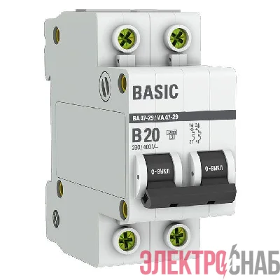 Выключатель автоматический модульный 2п B 20А 4.5кА ВА 47-29 Basic EKF mcb4729-2-20-B