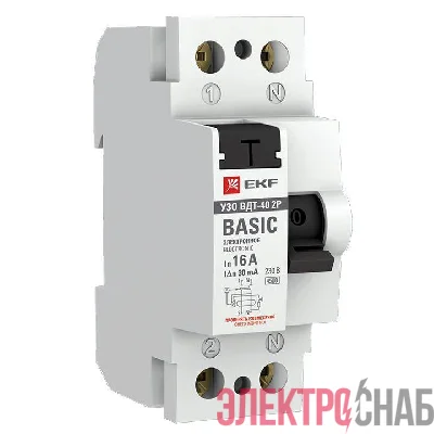 Выключатель дифференциального тока (УЗО) 2п 16А 30мА тип AC Basic (электрон.) EKF elcb-2-16-30e-sim