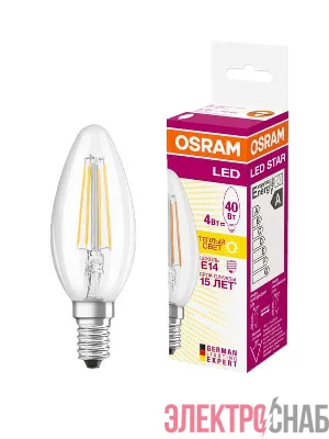 Лампа светодиодная филаментная LED STAR CLASSIC B 40 4W/827 4Вт свеча 2700К тепл. бел. E14 470лм 220-240В прозр. стекл. OSRAM 4058075068353