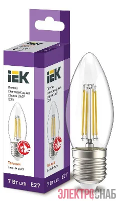 Лампа светодиодная филаментная 360° 7Вт C35 свеча 3000К E27 230В прозр. IEK LLF-C35-7-230-30-E27-CL