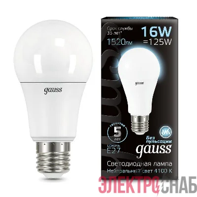 Лампа светодиодная Black 16Вт A60 грушевидная 4100К нейтр. бел. E27 1520лм GAUSS 102502216