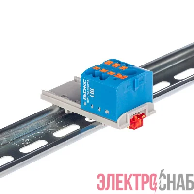 Блок распределительный с вертикал. адаптером на рейки шир. 15/35мм зажим push-in 1 ввод 6кв.мм 6 точек подключения 2.5кв.мм син. DKC DTP1-106-104SPUB-V