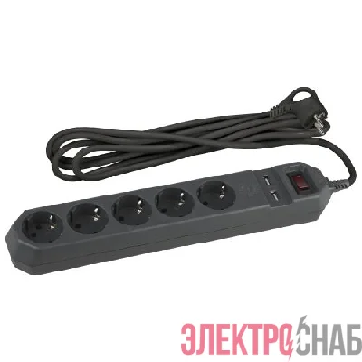 Удлинитель с сетевым фильтром 5х1.5м с заземл. 10А IP20 2хUSB ПВС 3х0.75 с выкл. черн. Эра Б0019036
