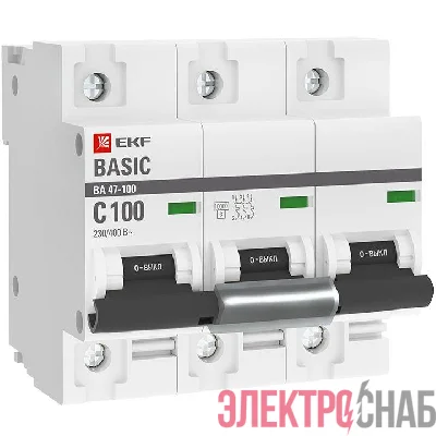 Выключатель автоматический модульный 3п C 100А 10кА ВА 47-100 Basic EKF mcb47100-3-100C-bas
