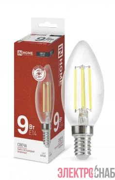 Лампа светодиодная LED-СВЕЧА-deco 9Вт свеча прозрачная 4000К нейтр. бел. E14 1040лм 230В IN HOME 4690612026206