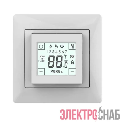 Термостат прогр. W225 сенс. дисплей датчик пола 3.6кВт 16А бел. (в компл. переходник для рамок Unica/Glossa/Etika) Grand Meyer W225