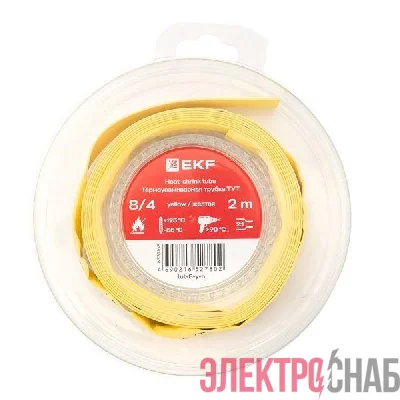 Трубка термоусадочная ТУТ нг 8/4 желт. ролик 2 м EKF tut-8-y-b