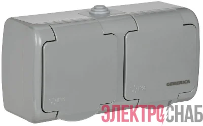 Розетка 2-м ОП AQUATIC РСш22-2-А 16А IP54 с заземл. с крышкой GENERICA ERA22-K03-16-54