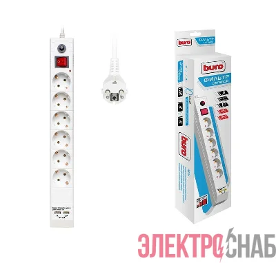 Удлинитель с сетевым фильтром 6х5м с заземл. 10А IP20 BU-SP5_USB_2A-W CCA  бел. BURO 992316